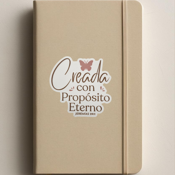 Beige notebook with a decorative sticker Creada con propósito eterno Jeremías 29:11 on a beige background