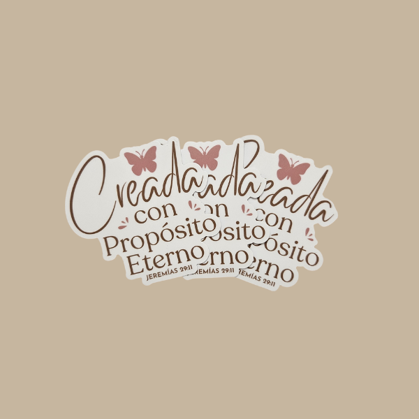 Decorative sticker Creada con propósito eterno Jeremías 29:11 and butterfly design on a beige background